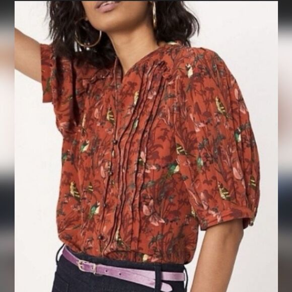 Anthropologie Tops - Anthropologie Maeve Liliana Orange Bird Pleated Button Down Blouse Size Medium